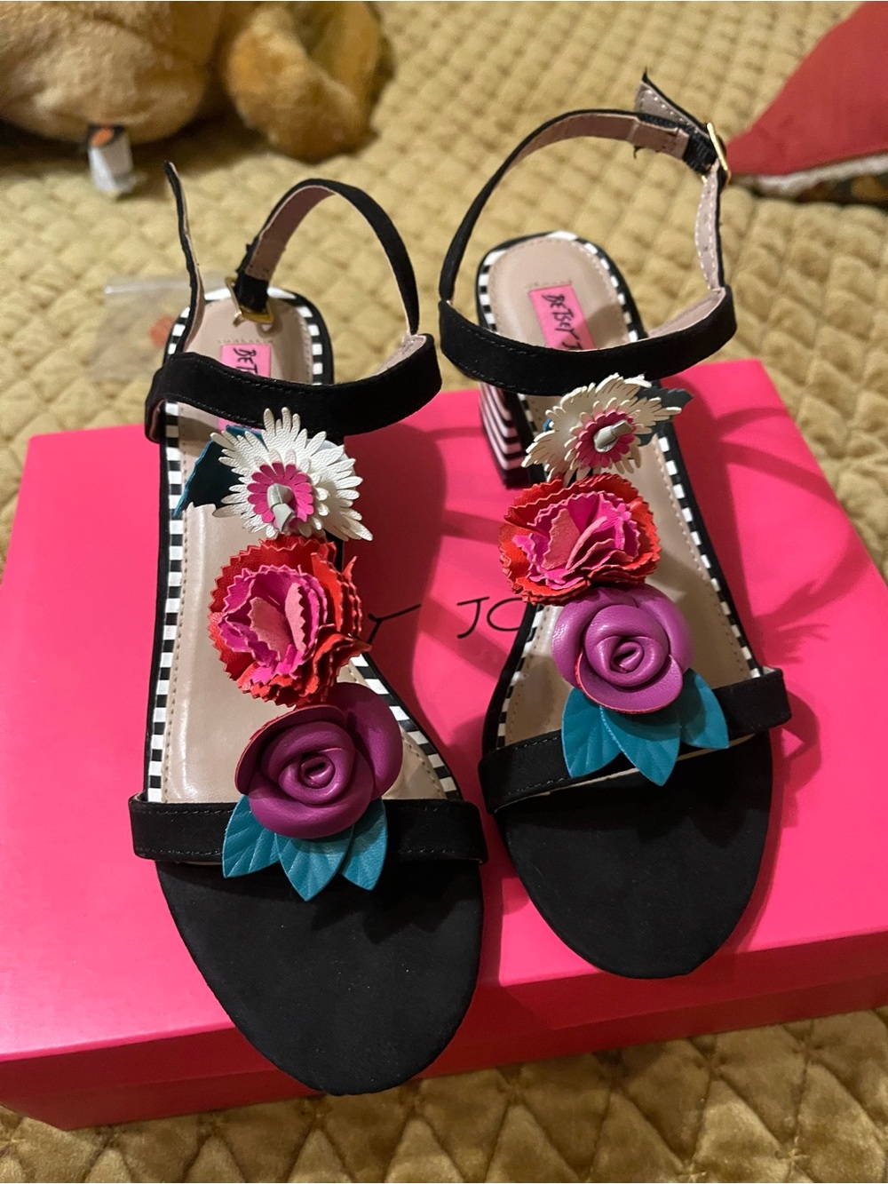 Betsey Johnson Black Sandals with Pink, Purple & Teal Floral Embellishments